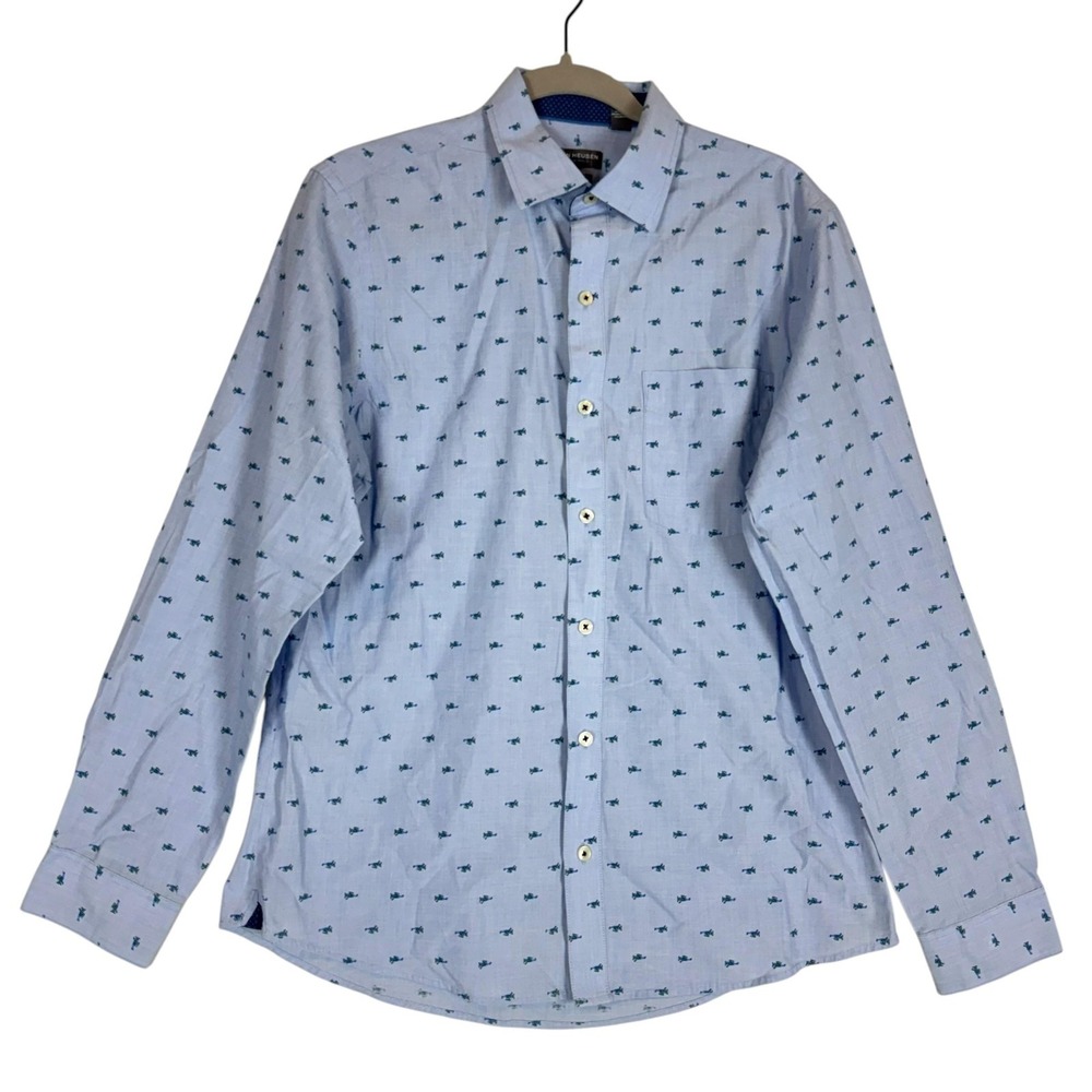 Van Heusen Shirt Mens Medium Blue Novelty Print Long Sleeve Button Up Slim Fit
